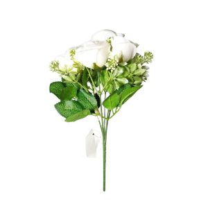 Buquê de Rosas Brancas Artificiais com 5 Flores e Folhagens Realistas – 30 cm
