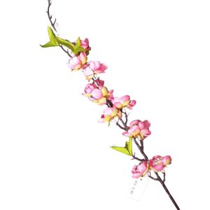 Galho Flor de Cerejeira 60cm – 11 Flores, Folhagem, Rosa Claro e Rosa