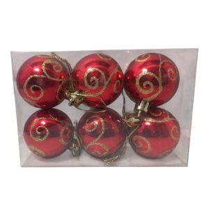 Kit com 6 Bolas de Natal Vermelhas com Glitter Dourado – 5cm 